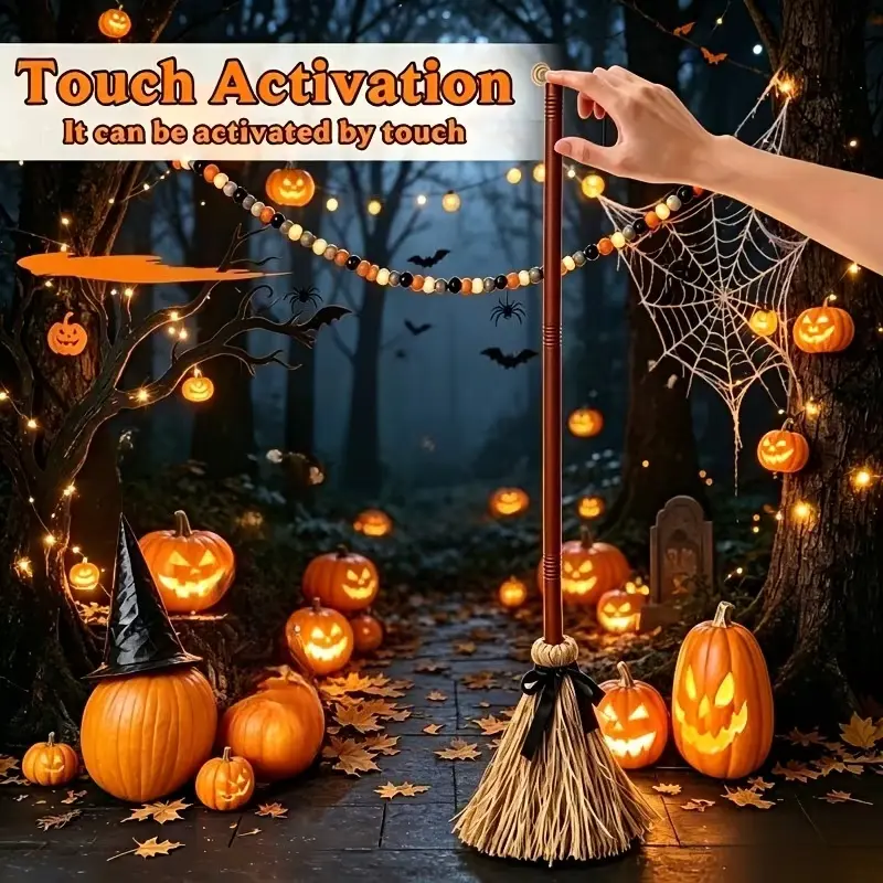 Halloween Floating Witch Broom, Touch-Activated Animated Dancing Broom with Creepy Giggling Sounds,  Spooky Photo Prop for Indoor Party for School Halloween