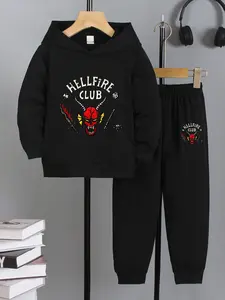 Children's Stranger Things Themed Hellfire Club Print Two-Piece Set - Kids' Spring/Autumn New Style Hooded Sweatshirts, Sweatpants, Featuring Casual, Comfortable Style For Daily Use And Outdoor Activities, Ideal As A Gift Choice