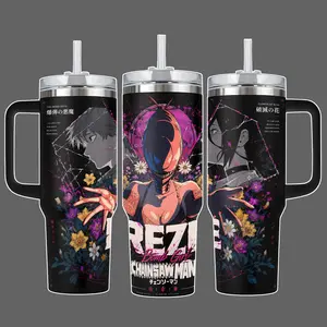 Reze Bomb Girl Chainsaw Man Anime Tumbler, Stainless Steel Insulated Cup 20oz/40oz with Straw Lid Included, Dark Floral Full Wrap Design