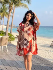Women’s Plaid Caftan Cover-Up, Chic Geometric Vacation Tunic, Lightweight Summer Beach Dress for Swimwear, Resort Wear