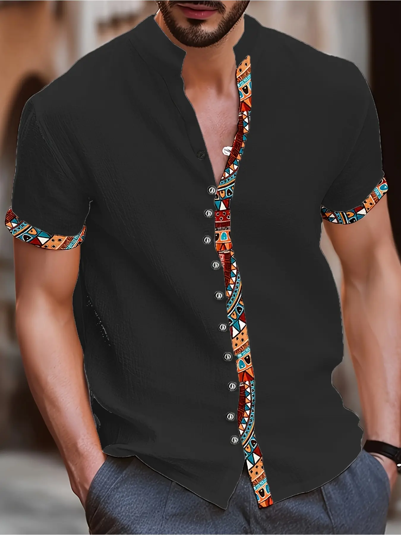 Men's Gift, Casual Stylish Clothing, Ethnic Style Casual Simple Versatile Daily Commute Short-Sleeve Collared Shirt with Contrast Color Patchwork and Stand Collar, Summer, Gift for Ramadan