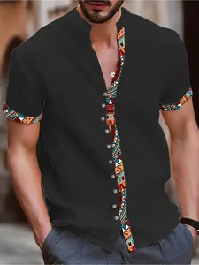 Men's Gift: Ethnic Style Casual Classy Fashion Half Sleeve Fashion Simple Versatile Daily Commute Short-Sleeve Collared Shirt with Contrast Color Patchwork and Stand Collar, Trendy Summer Best Seller, Gift for Eld, Gift for Ramadan