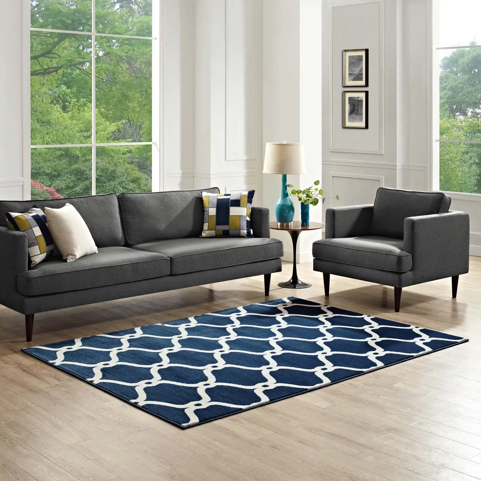 Modway Beltara 5x8 Area Rug - Moroccan Blue & Ivory, Elegant Geometric Chain Link Trellis, Transitional Living Room Decor, Geometric Kitchen Rug, Elegant Rug