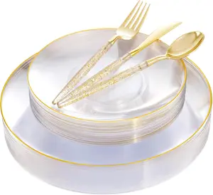 150PCS Clear Gold - Gold Silverware with Glitter Handle - Clear Disposable Include 30 Guests,,, for Wedding &