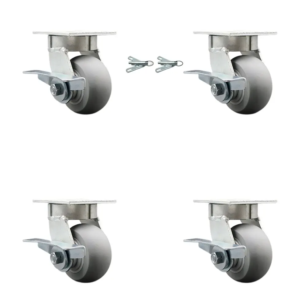 Service Caster SCC-KP30S420-TPRRD-SLB-BSL-2 Metal Ball Casters (Set of 4) - Kingpinless Top Plate, 4"x2" Gray Thermo Rubber Donut Tread Wheels, 2 Bolt-On Swivel Locks with Brakes, Easy Rolling, 1200 lbs High Capacity for Platforms, Drywall Carts, Dollies,