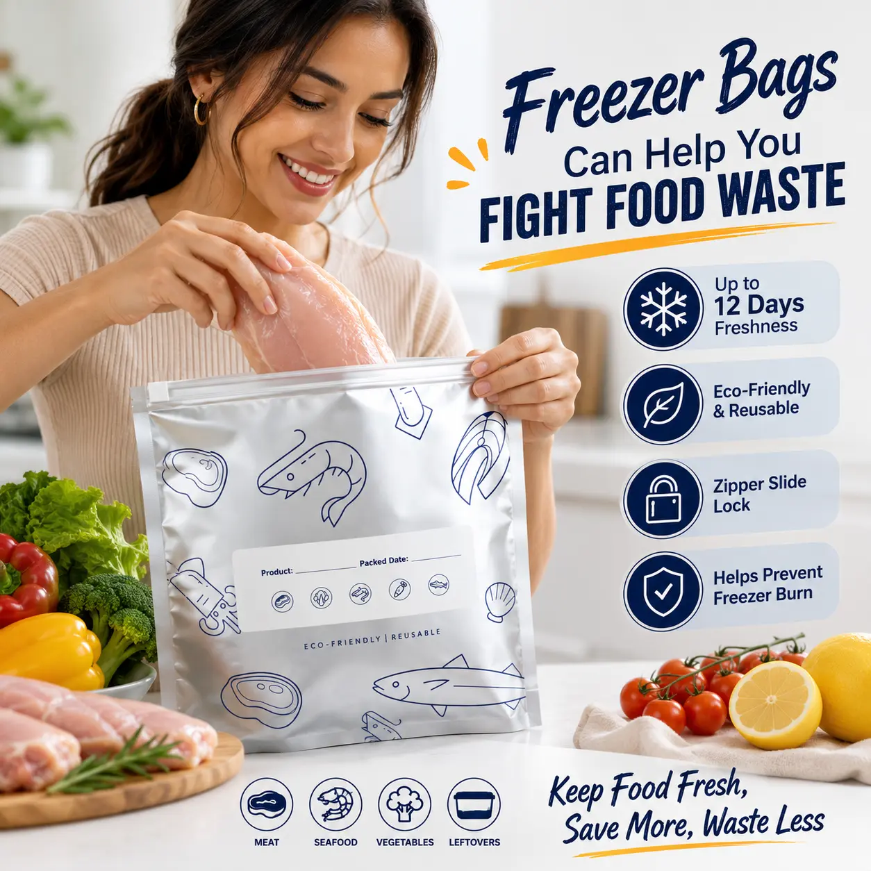 30PCS Reusable Foil Freezer Bags with Zipper Seal, Stand-Up Food Storage Pouches with Writable Labels and Marker for Meat, Fruit and Vegetables