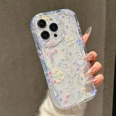 Colorful Floral Wildflower Cellphone Case, Cute Girly Durable Shockproof TPU Wave Edge Full Protective Casing for iPhone 17/16/15/14/13/12/11 Pro Max-Pro-Plus/Xs-Air