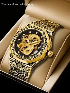 A men's retro carved fine steel strip, rhinestone scale relief gold dragon high-end design style, personalized high luxury octagonal fully automatic mechanical watch, Mechanical style watches