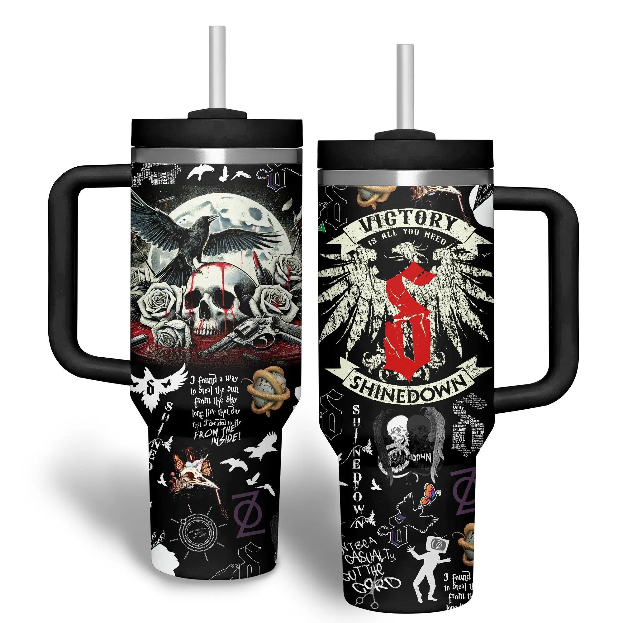 Shinedown Victory Skull 40oz Tumbler With Handle, Dark Rock Fan Cup