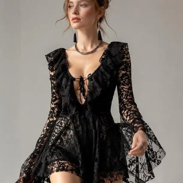 Women's Sexy Lace Mini Dress Long Sleeve Deep V Neck Tie-up Front Ruffle Dress  Short Flowy Dress - TikTok Shop