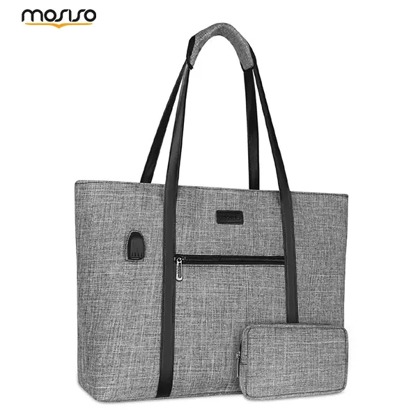 MOSISO 17.3 in PU Leather Laptop Tote with USB Charging, Water-Resistant Polyester Minimalist Organized Bag for Business Travel, 2-Compartment Organizer with Padded Section, Adjustable Hook-and-Loop Small Purse, Trolley Sleeve, Fits Chromebook/MacBook