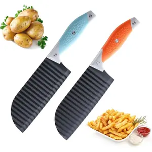 2PCS Crinkle Cut Knife, Crinkle Cutter For Veggies, Potato, French Fry, Cucumber, Carrot and Fruit, Stainless Steel Wave Fries Cutter Slicer With Rubber Handle, Dishwasher Safe (Orange+Blue)