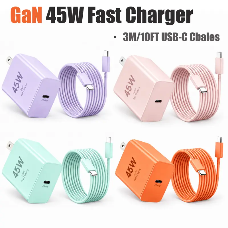 FJAONEM GaN PD 45W USB-C Super Fast Charger, 10FT extra-long durable USB-C charging cable, compatible for Samsung UltraS26+/S25+/S25/S24/S23/S23+/S22/S22+/S21 Ultra/S20, for iPhone 18Pro Max/17Pro Max/16Pro Max and others, Smartphone, Cellphone