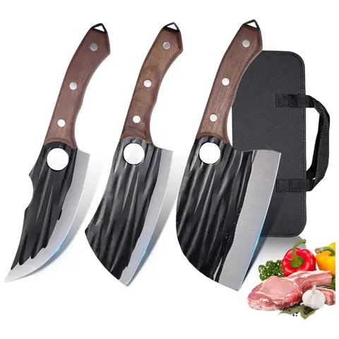 Wooden Handle Durable Traditional Meat Cleaver Set with Storage Bag - High Carbon Steel Full Tang Serbian Chef Knife, Hand Forged Viking Carving Knife, Camping Outdoor BBQ Meat Cutting Kitchenware Tool