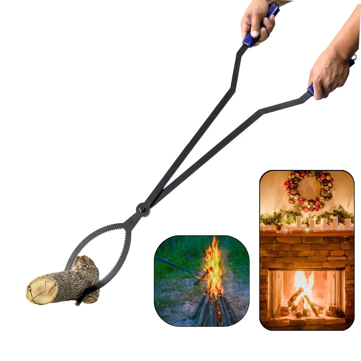 CKLT 40in Heavy Duty Fire Tongs Firewood Grabber Tool with Scissor Shape Serrated, Log Claw Tongs for Bonfire Campfire Fire Pit Outdoor Indoor Log Grabber Rustproof Safely Moves Firewood