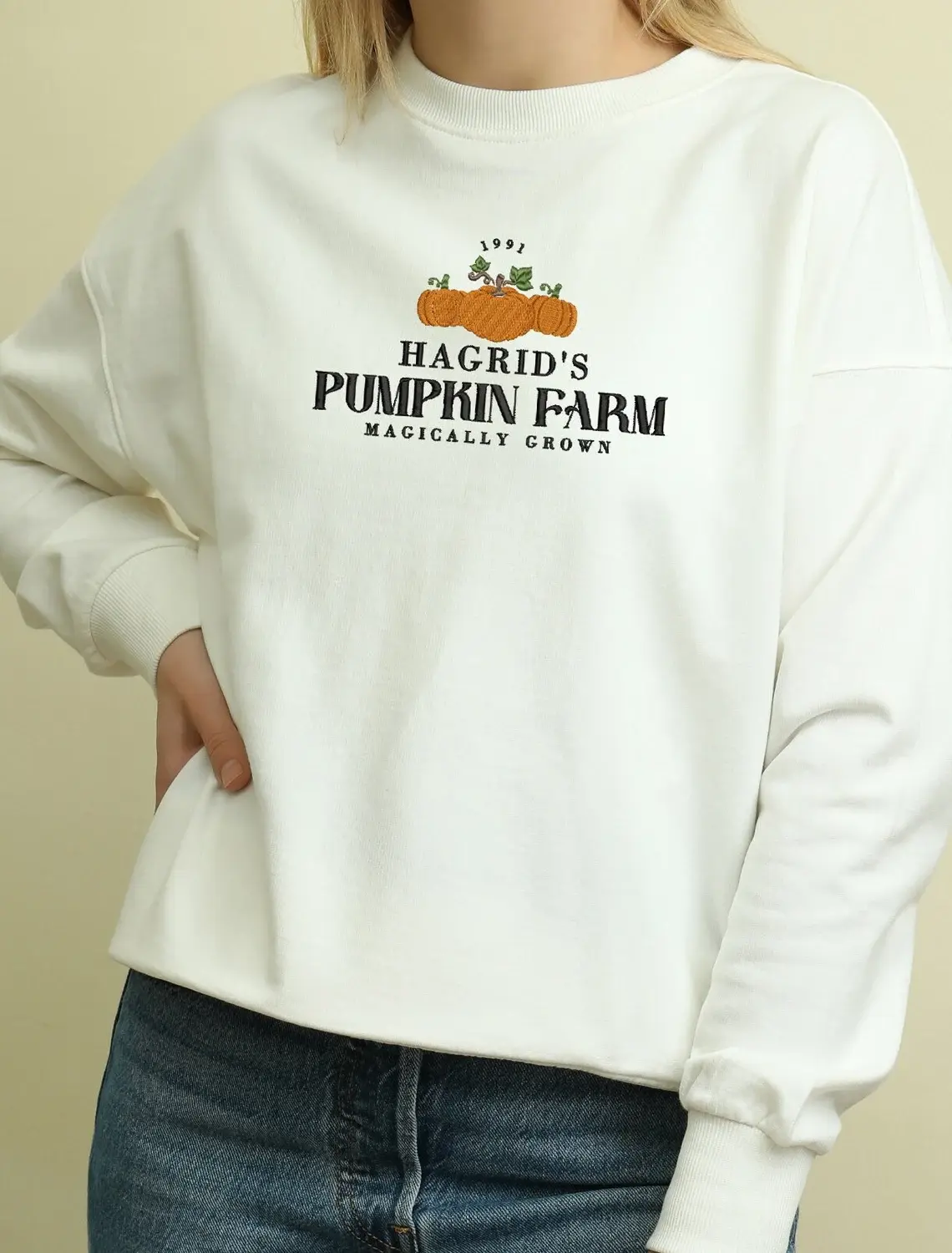 Harry Potter Inspired Embroidered Sweatshirt | Magical Pumpkin Patch Design | Hagrid's Hut and Wizard