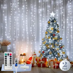 2PACK Curtain String Lights, 300 LED 9.8ft x 9.8ft  Hanging Curtain Lights with Remote Control 8 Lighting Modes Fairy Lights USB Powered, Waterproof Lights for Christmas Party Wedding Outdoor Indoor Wall Decorations mini