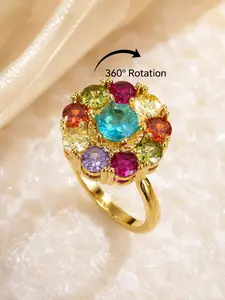 Vintage Colorful Gemstone Ring for Women, Rotatable Anxiety Relief Band, Rainbow Full Diamond Luxury Jewelry, Elegant Ethnic Style