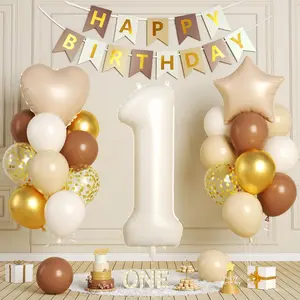 1st Birthday Decorations, 40 Inch Cream Number 1 Balloon, 18 Inch Foil Heart Star Balloons, Brown Gold Balloon, Happy Birthday Banner Set for Boys Girls One Year Old Boho Neutral Party Decoration