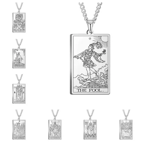 Mystical Tarot High Priestess Stainless Steel Necklace - Tarnish-Free Engraved Square Tarot Card Pendant, Adjustable Casual Sweater Chain, Unisex Men's Birthday Statement Daily Wear Men's Accessories Jewelry