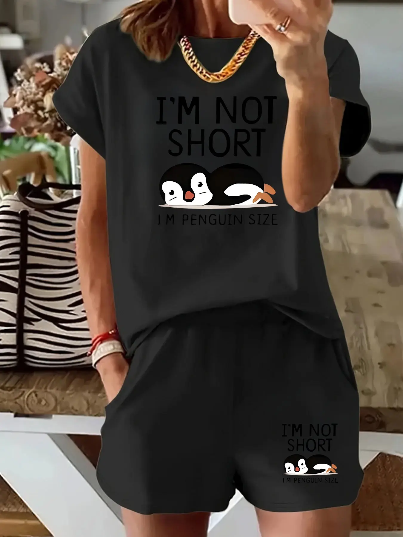 Women's Round Neck Short Sleeve Shorts Set, Spring Summer New Penguin Fun Text Print, Casual Fitted Style, Multi-Scene Wear