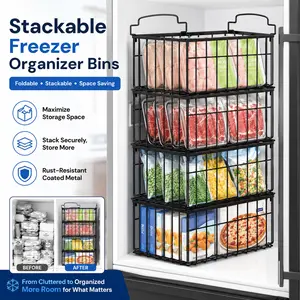 StowCraft Stackable Freezer Organizer Bins, Foldable Metal Wire Storage Baskets with Handles, Rust-Resistant Refrigerator Organizer for Fridge, Freezer & Pantry