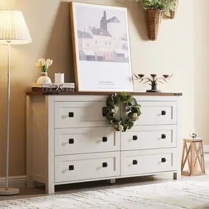 T4TREAM Farmhouse 6 Drawers Dresser Chests for Bedroom, Wood Rustic Wide Chset of Drawers,Storage Dressers Organizer for Bedroom, Living Room,Hallway