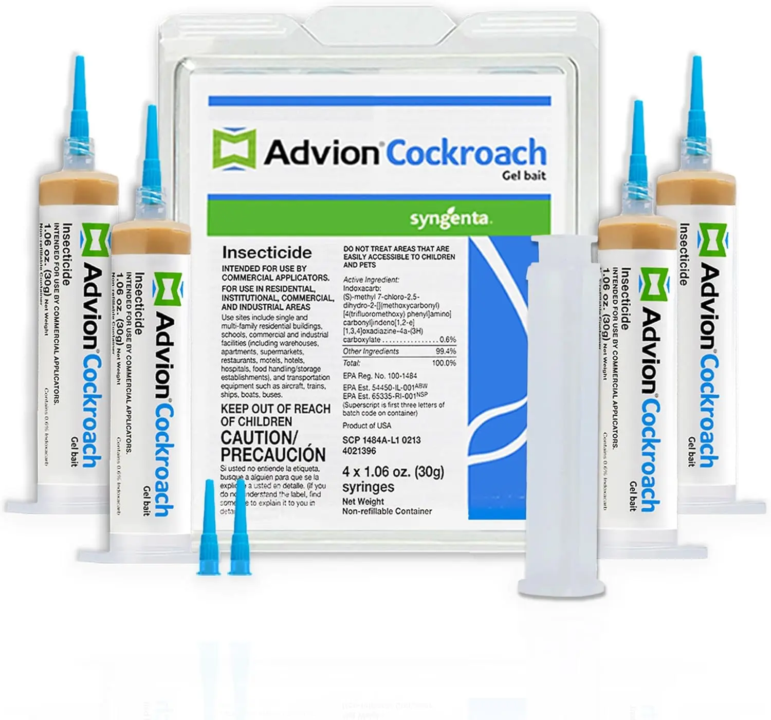 Advion Cockroach Gel Bait Pack, 4 Tubes x 30g, 1 Plunger, 2 Tips, Indoor-Outdoor Residential Pest Control for American, German & Major Cockroach Species