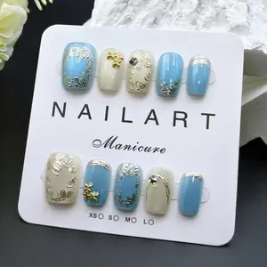 Handmade Nail Art Set, 10pcs Mint Blue Short Square Nails, French Tips Nails, French Style, Nail Art Design, UV Light Gel Polish, Reusable Press-On Nails for Parties, Summer Nails, Short Squoval Shape