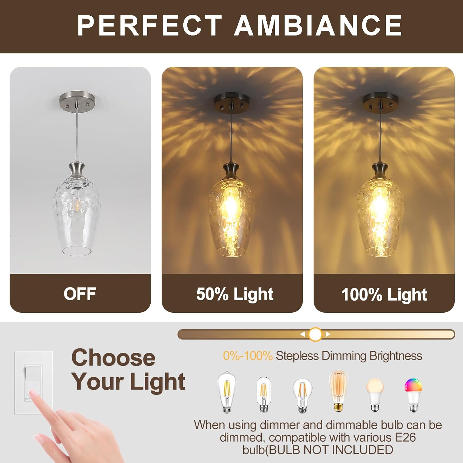 Glass Pendant Lights Kitchen Island, 1-Light Brushed Nickel Fixtures with Hand-Blown Clear Glass Modern Farmhouse Hanging Light for Kitchen Sink Dining Room Bedroom