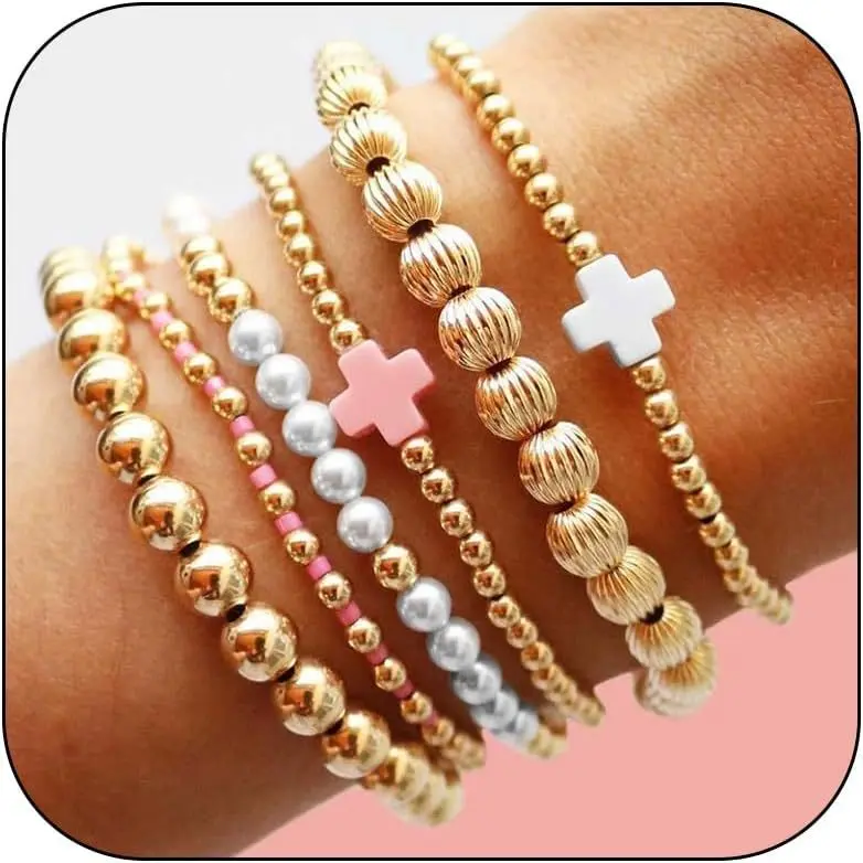 Pink and white cross pearl 8mm gold bead