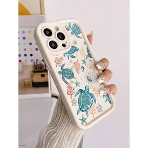 Apple Sea Turtle Painting Concave Beige Painted Soft Protective Phone Case Compatible With iPhone cases 15 Pro max 16 14 Plus Pro Max 13 12 11 iPhoneX/XS XSMax 12 13 min, Fashion Cute Thick Cover