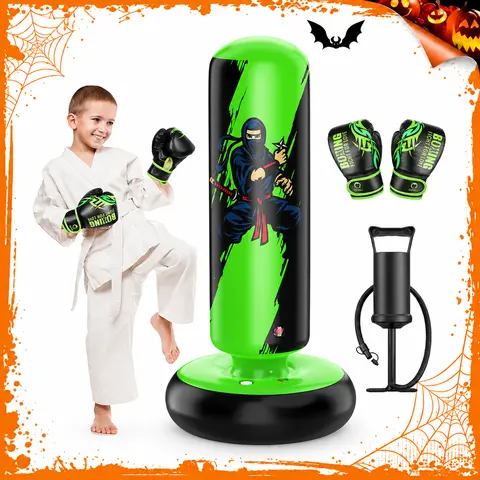 QPAU Kids' Boxing Bag with Gloves 66-Inch PVC Inflatable Set, for Ages 5-12 Boys & Girls, Indoor/Outdoor Karate Kickboxing MMA Practice Set Martial Arts Training, Halloween gifts giftideas,familyfun