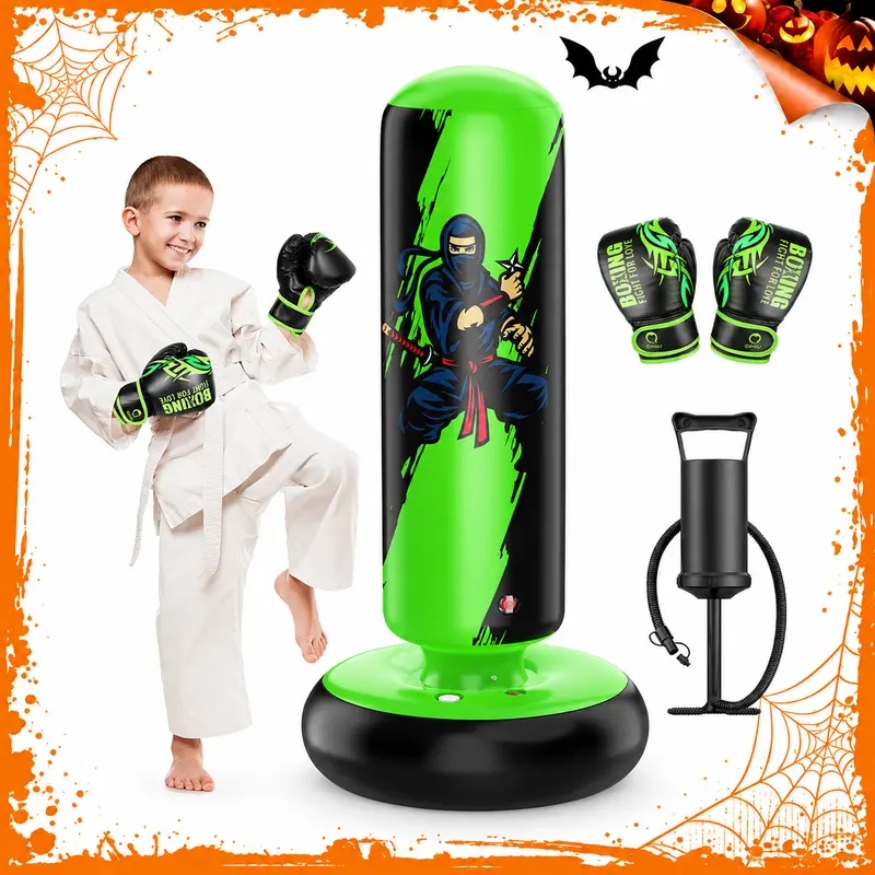 QPAU Kids' Boxing Bag with Gloves 66-Inch PVC Inflatable Set, for Ages 5-12 Boys & Girls, Indoor/Outdoor Karate Kickboxing MMA Practice Set Martial Arts Training, Halloween gifts giftideas,familyfun