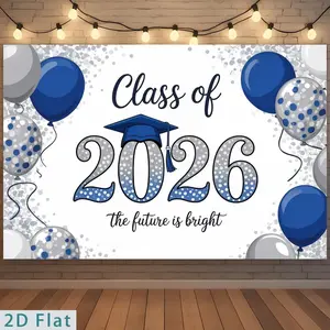 2D Flat Banner Polyester Photography Backdrop, Graduation Class of 2026 Theme with Blue and Silver Balloons, HD Digitally Printed Soft Lightweight Foldable Background for Graduation Party, Photo Booth, Studio Photos, and Event Dec