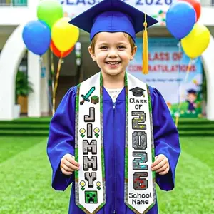 Personalized Pixel Block Style Graduation Stole Class of 2026, Custom Name Pixel Block Sash, Gamer Grad Gift, Kids Graduation Sash Stole