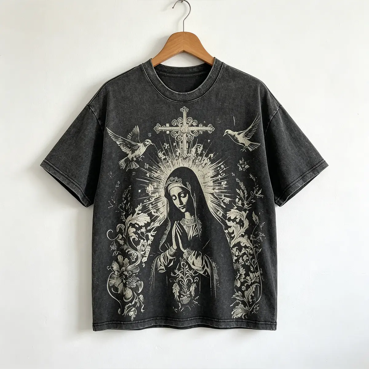 Men's 100% Cotton Oversized Baggy Short-Sleeve Round Neck Distressed Virgin Mary Graphic Tee - Washed Vintage Dyed Batik Mens Clothing, Casual Streetwear Clothing, Shirt, BF Birthday Gifts for Boyfriends, Good Graphic Tees, Graphic Shirts