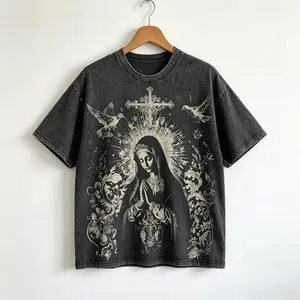 Virgin Mary Printed Washed Vintage Dyed 100% Cotton Men'S T-Shirt Round Neck Short Sleeve Street Wear Batik Style Can Be Used As a Gift Streetwear Casual Crewneck