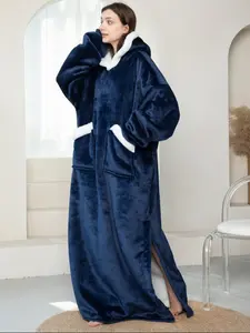 Winter Flannel Fleece Lined Long Warm Solid Color Hooded Blanket, Casual Loose Fit Pockets Sleepwear, Home Wear Anti-Cold Windproof Long Sleeve Robe, Cozy Blanket