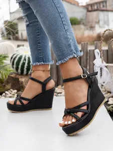 Women's Wedge Sandals, Trendy Stylish Casual Beach Shoes, Summer Holiday Style, Plain Textile Material, Less Than Ankle Height