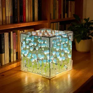 30 Flowers DIY Tulip Cube Mirror Lamp 2Pcs Tulip Flower Table Lamp & Mirror 2-in-1 USB Tulip Mirror Night Lights for Bedroom,Creative Gift for Mom,Girl,Couple,Friend Birthday