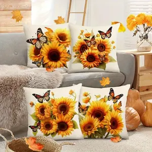Sunflower & Butterfly Pattern Cushion Cover, Square Throw Pillow Cover, Household Decoration Supplies for Home Living Room Sofa Couch