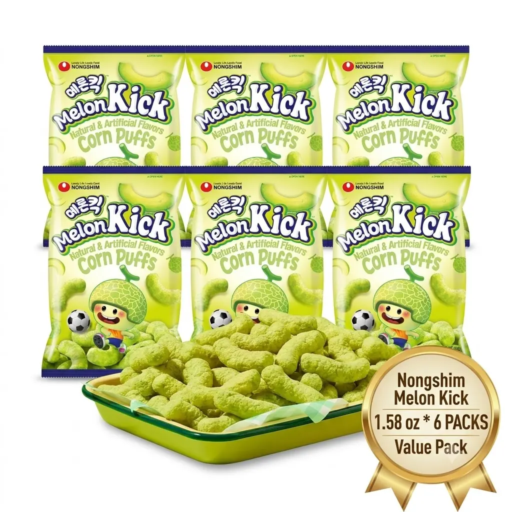 Nongshim Melon Kick Corn Puffs Snacks (1.58 oz * 6 Packs) | Sweet Crispy Melon Puffs Multipack