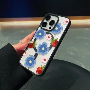 Oil Painting Style Floral Strawberry Print Transparent Magnetic Phone Case with Black Border, Scratch-resistant, Wear-resistant, Full Lens Coverage, Drop-proof, and Anti-fingerprint.iPhone 17 E Air Pro ProMax iPhone16 15 14 Plus 13 12 Mini 11 X XS XR