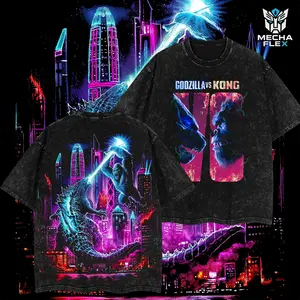 Godzilla Vs Kong The Neon City Monsterverse King Of The Monster Kaiju Godzilla Retro Unisex Vintage Double Printed Heavyweight Cotton Oversized Shirt Wash Tee, Washed Hoodie Workout Clothes, Clothes for Daily Wear