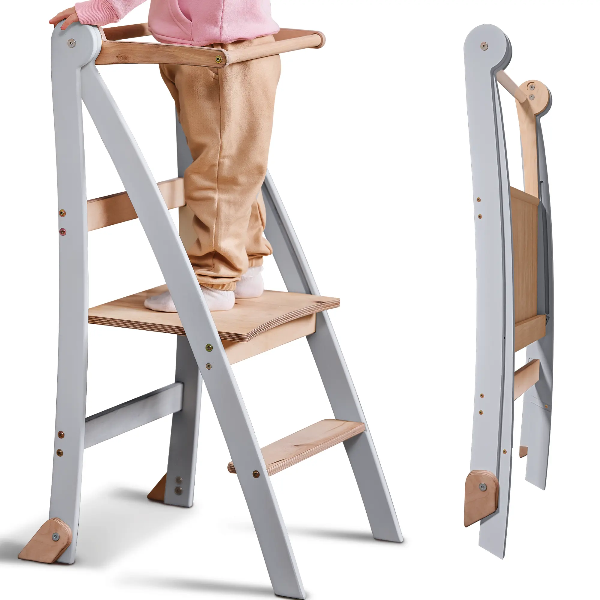 Montessori Foldable Learning Tower for Toddlers - Safe, Space-Saving Kids Step Stool with Anti-Tip Protection (Light Grey)