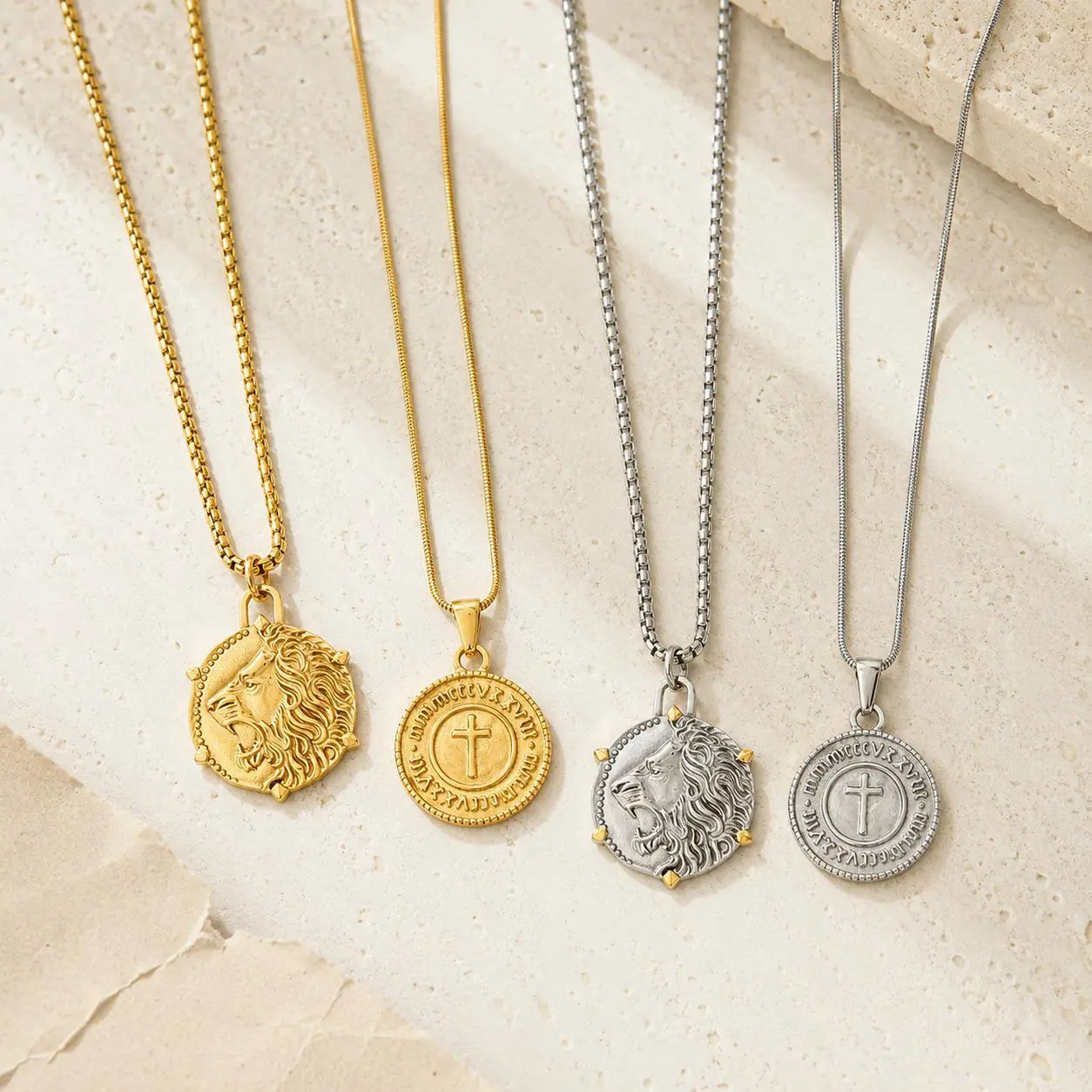 Unisex Stainless Steel Cross & Lion Pendant Necklace - Gold/Silver Round Medal, INS Y2K Style Costume Jewelry Gift for Adults