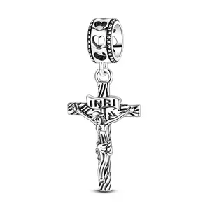 MULA S925 Sterling Silver Jesus Cross Charm Religious Symbol Beads for Easter and Christmas, Faith Style Jewelry, Matches with Pandora Bracelets and Necklaces, Unisex
