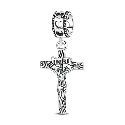 MULA Silver Plated Crucifix Charm with INRI Engraved Heart CZ Bead Jesus Cross Dangle Bead Fits Most Bracelets & Necklaces Christian Catholic Easter Baptism Gift for Her Him DIY Jewelry