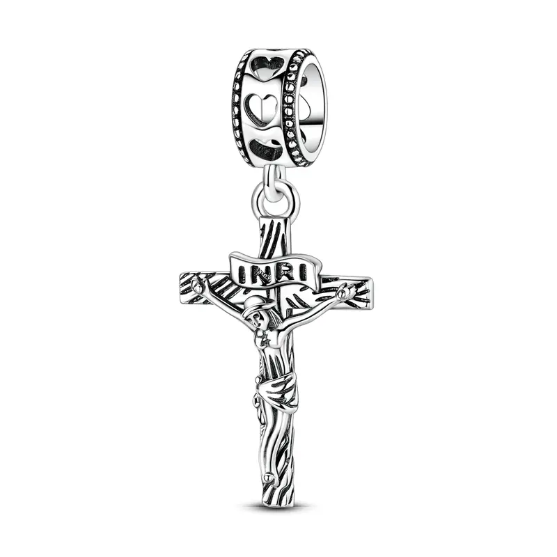 MULA Silver Plated Crucifix Charm with INRI Engraved Heart CZ Bead Jesus Cross Dangle Bead Fits Most Bracelets & Necklaces Christian Catholic Easter Baptism Gift for Her Him DIY Jewelry